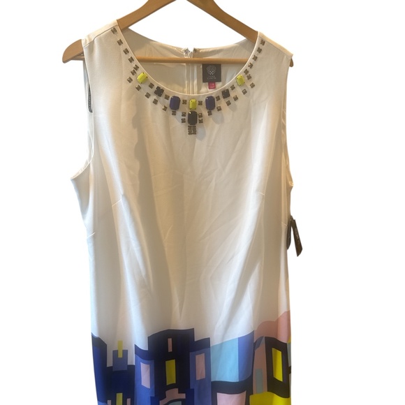 Women's VINCE CAMUTO Lined Sleeveless‎ Colorblock Jeweled Neckline Dress Sz 16 - Picture 1 of 9
